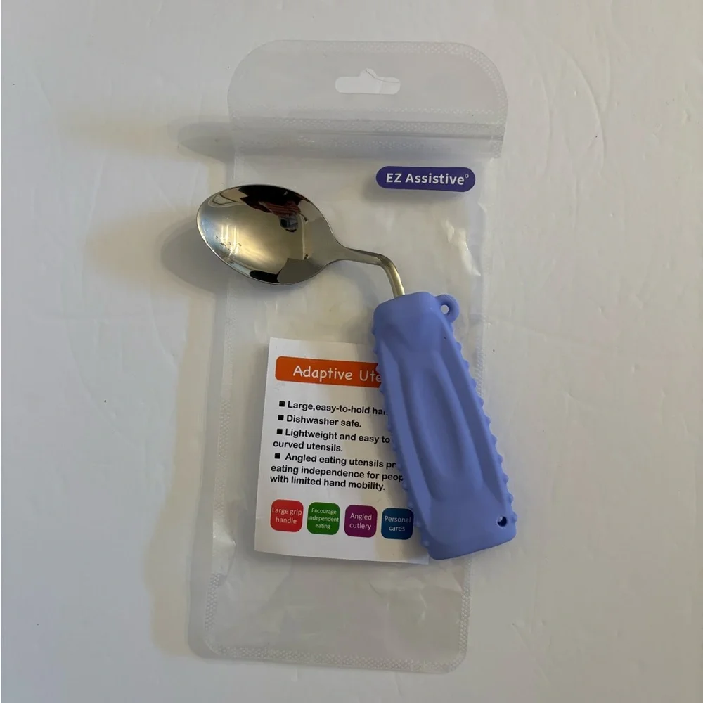 New EZ Assistive Angled Adaptive Utensils Spoon Purple Silver Comfort Grip OS